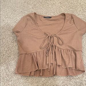 SHEIN Tan Ruffle Tie-Front Crop Top